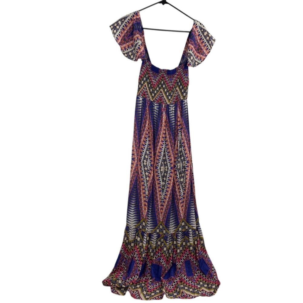 Anthropologie Ruffled Maxi Dress Womens XS Multi Zig Zag Boho Smocked Bust Flowy